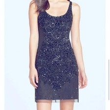 Adrianna Papell Dress Navy Blue Beaded Sequin Mesh Sheath size 6
