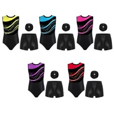 UK Kids Girls 3-Piece Gymnastics Dance Outfit Leotard with Shorts and Hair Band