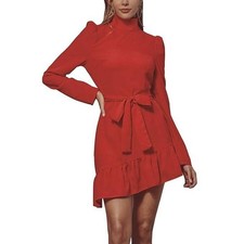 Red Mock Neck Long Sleeve Ruffle Hem Tie Waist Mini Dress Puff Shoulder Size M