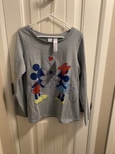 NWT Disney L Sweatshirt Top Mickey Minnie Mouse Large Pullover Sparkle Wide Neck
