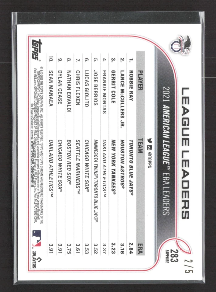 2022 Topps Chrome Sapphire ERA leaders Ray McCullers Cole Red /5 #283 - Image 2 of 2