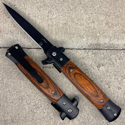 Falcon Midnight Black Spring Assisted Classic Style Stiletto Knife w Cherry Wood