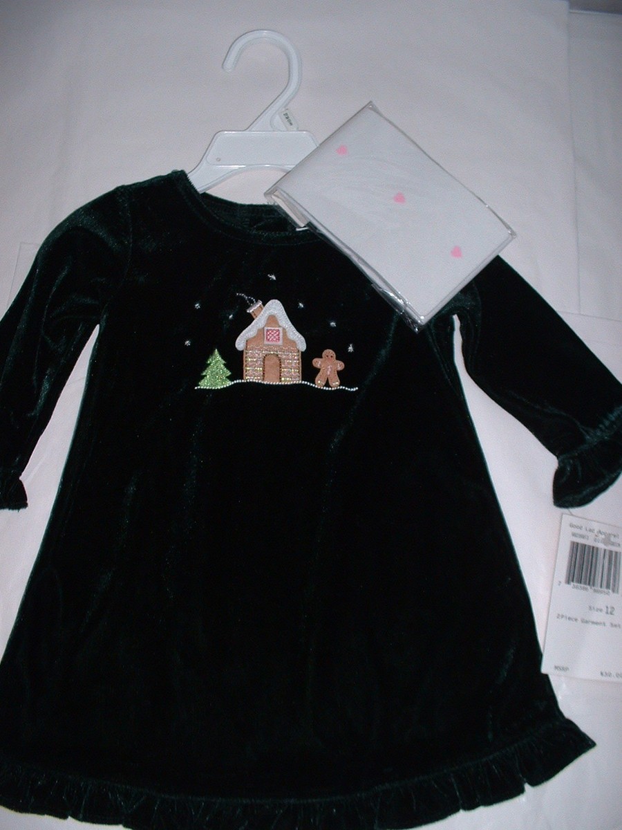 Girls 2 pc Green Velvet Christmas Gingerbread Dress & Heart Tights Set 12  Months | eBay