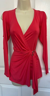 CACHE Coral Peach Deep V-Neck Surplice Cold Shoulder Faux Wrap Tunic Top XS