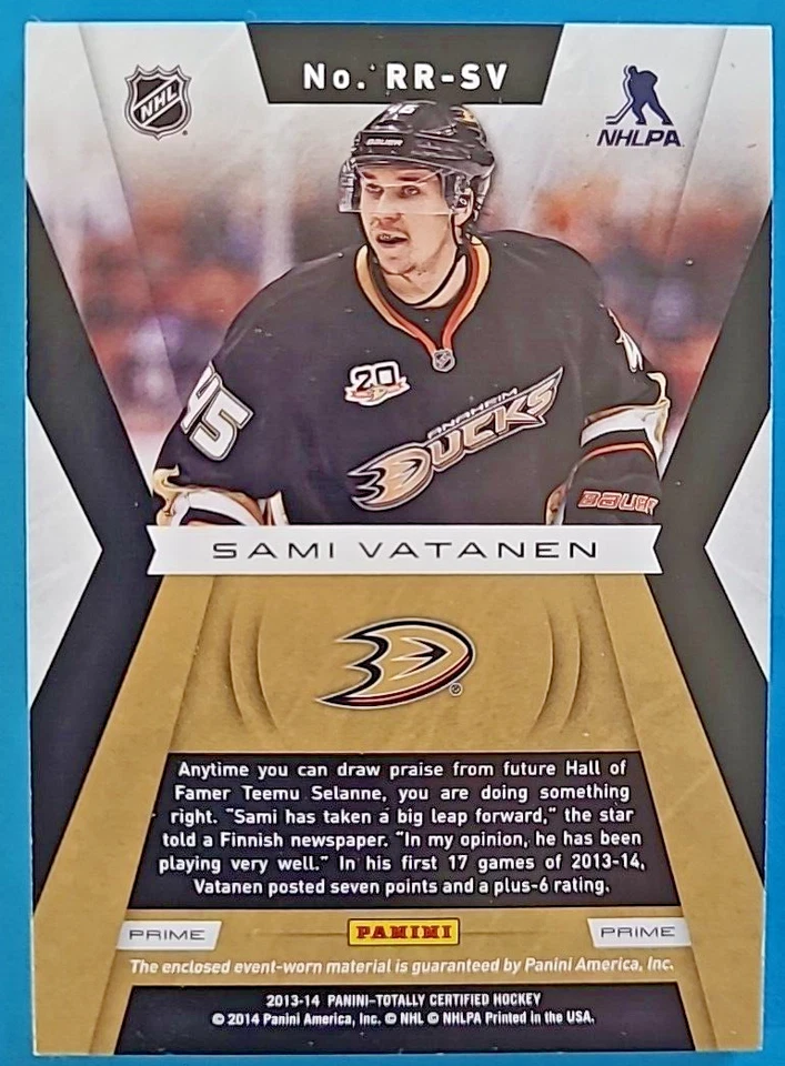 2013-14 Sami Vatanen Panini Totally Certified Rookie Roll Call Jersey RC /50 - Image 2 of 2
