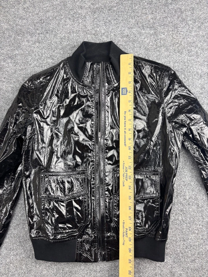 Chaqueta de cuero de piel de cordero R13 para mujer M negra charol cremallera completa bolsillos cuello falso Foto 3 de 4