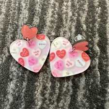 Heart Dangle Earrings Candy Conversation Hearts Valentines Gift Cute Acrylic New