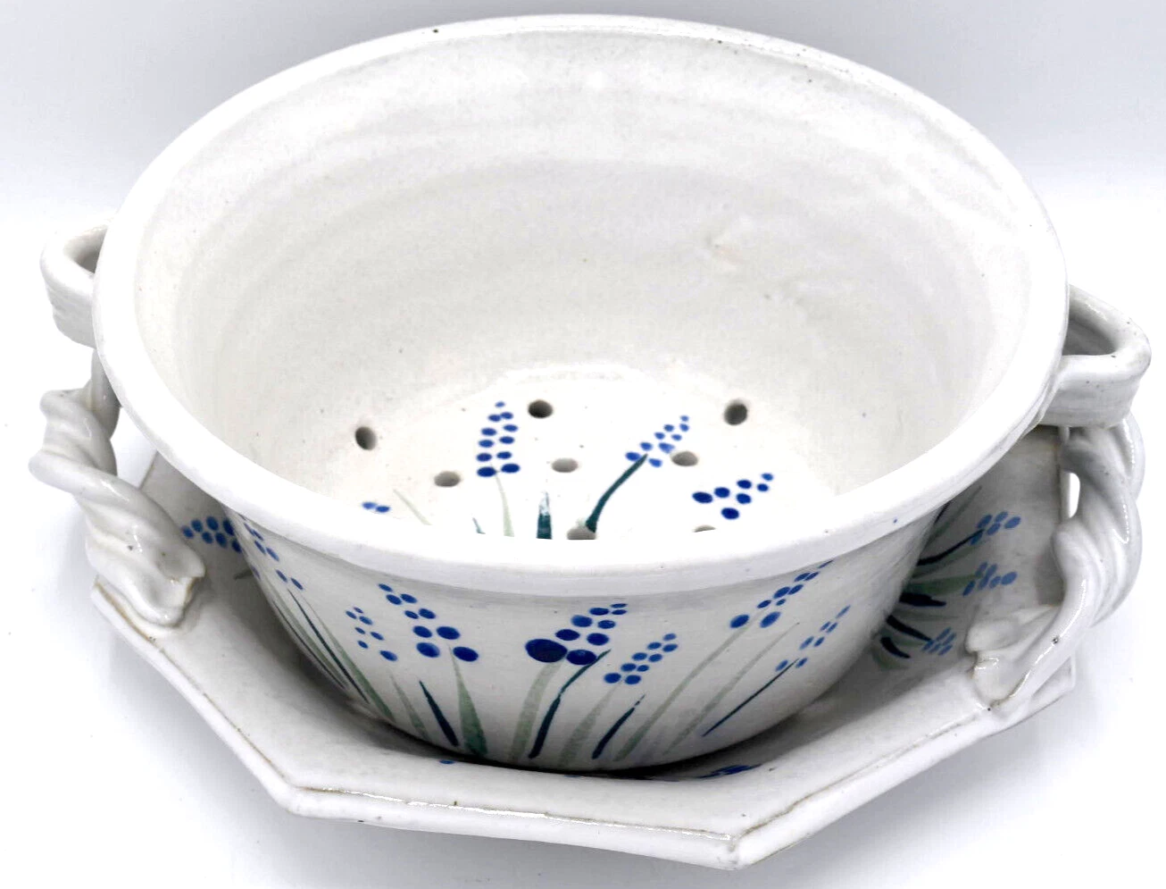 Studio Pottery Signed Clay Banks Berry Bowl Colander Tray Twist Handle Flowers
