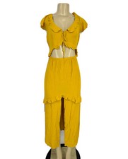 Express XXS Women Pullover Dress Ruffle Cut Out Front Slit Midi Yellow ER3
