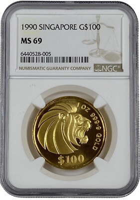 1990 Singapore Gold $100 Lion 1 oz Coin NGC MS 69 5000 1990 Singapore Gold $100 Lion 1 oz Coin NGC MS 69 5000