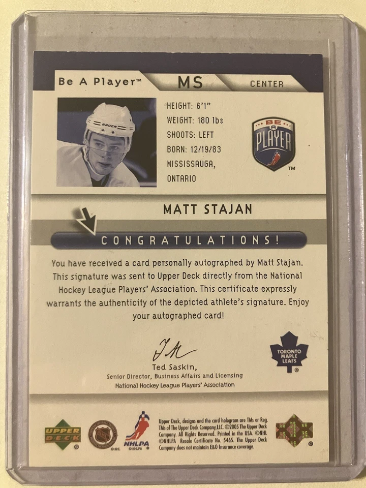 2005-06 Upper Deck Be a Player SP Signatures Matt Stajan #MS Auto - Image 2 of 2