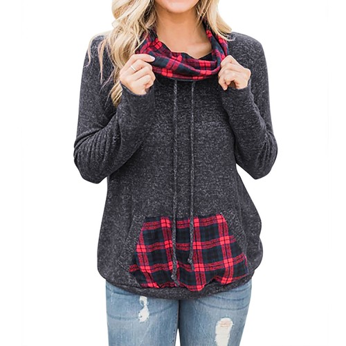 Women's Long Sleeve Pullover Hoodies Plaid Casual Sweatshirt Top with Pocket - Picture 1 of 8