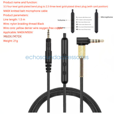 Audio Cable with Microphone for Sennheiser M40X/M50X/M60X/M70X Headphone