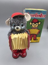 Vintage Mechanical Wind Up Accodion Bear 1960's Japan With Original Box