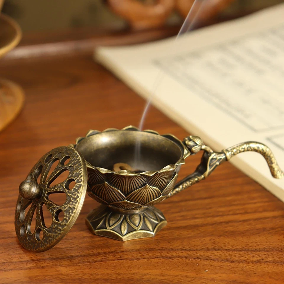 Mini quemador de incienso Lotus de latón conos de incienso soporte cenicero con tapa Foto 3 de 4