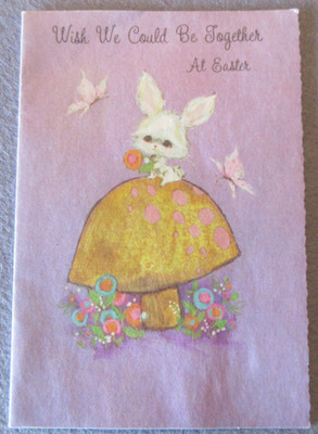 Vintage AM GRTS Easter Card MUSHROOM Anthropomorphic Bunny FLOWERS Butterflies