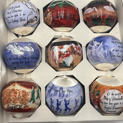 VTG Coca Cola 12 Days Of Christmas Satin Ornament Set Boxed