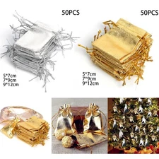 50pc Satin Silk Gold/Silver Organza Gift-Bags Jewelry Drawstring Bags Favors Bag