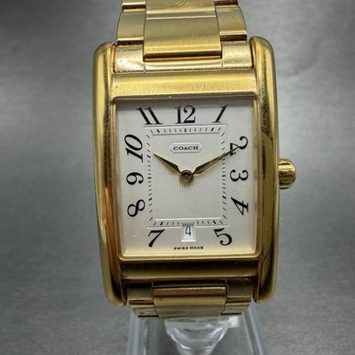COACH ゴールド ステンレススチール 腕時計 Coach Tank Watch Men 25mm Silver Dial Gold Tone Date 7.073.492 New