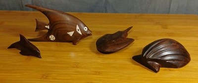 Vintage Hand Carved Ironwood Dolphin/Fish/Ray/ShellFigurines Sculpture *Read*