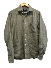 Drake's London Olive Green 100% Linen Spread Collar Button-up Shirt Medium