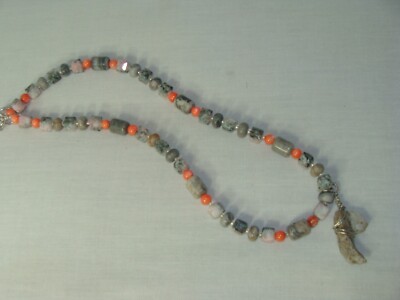 Handmade Necklace Unisex Orange Stone Beads Ancient Human Worked Rock Pendant