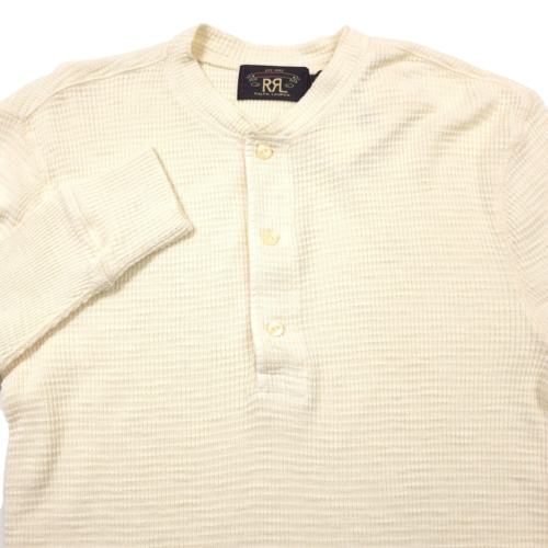 $145 RRL Ralph Lauren Off White Waffle-Knit Cotton Henley Shirt Mens Size Medium - Picture 1 of 11
