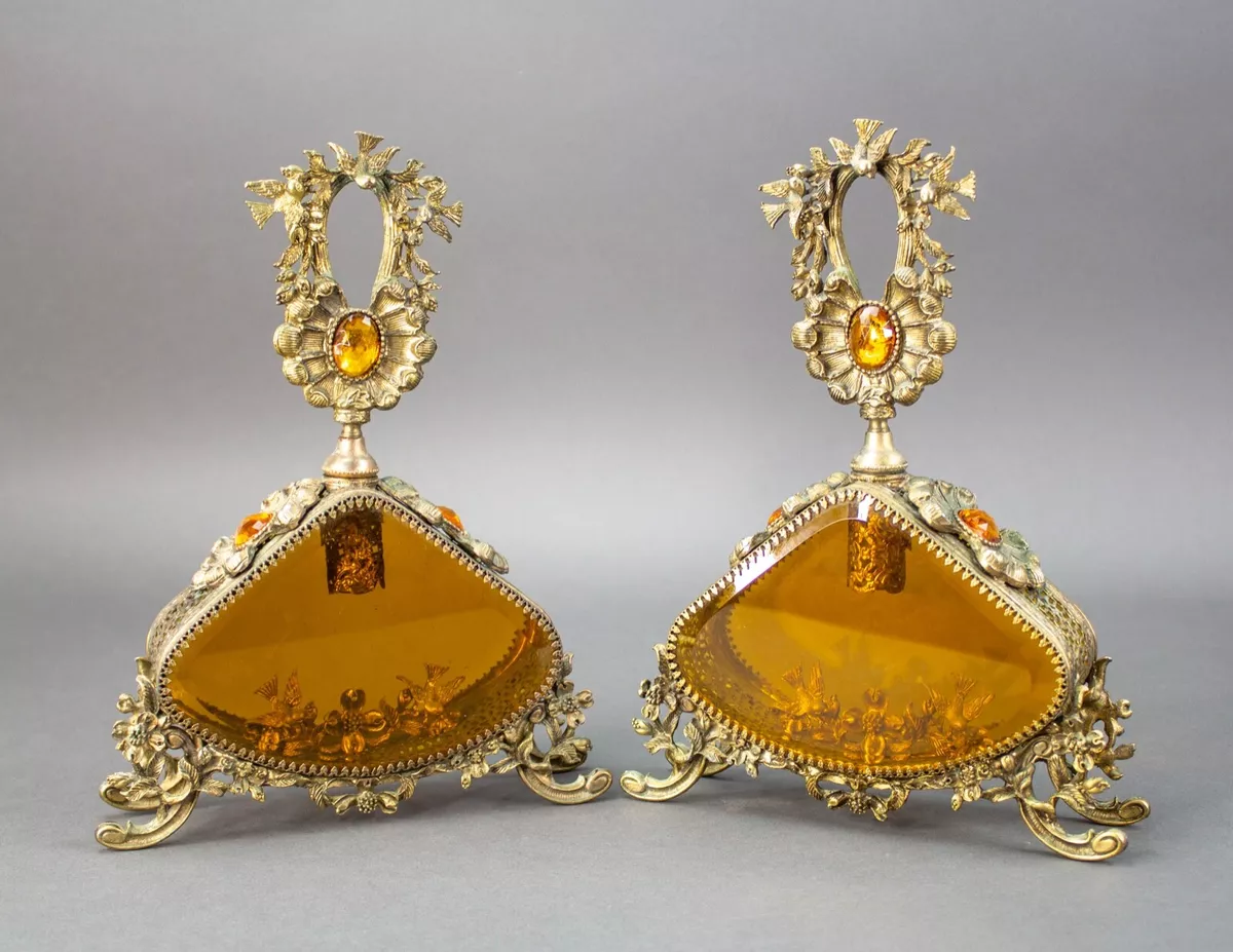 Pair Vintage LG Jeweled Ormolu Gold Filigree Perfume Bottles Amber Glass Vanity