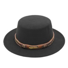 Unisex Boater Sailor Hat Pork Pie Bowler Church Cap Flat Brim Brown Leather Band
