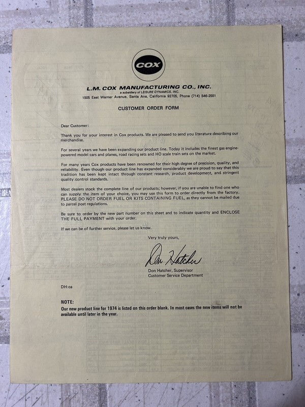 NOVEMBER 1974 COX THIMBLE DROME GAS POWERED PRODUCTS CHECK LIST/ORDER BLANK
