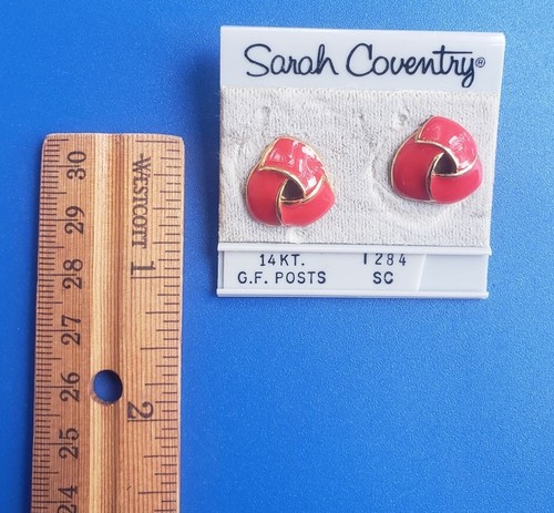 Vintage Gold Tone Sarah Coventry Earrings with Red Enamel Design. GF Posts - Picture 4 of 4