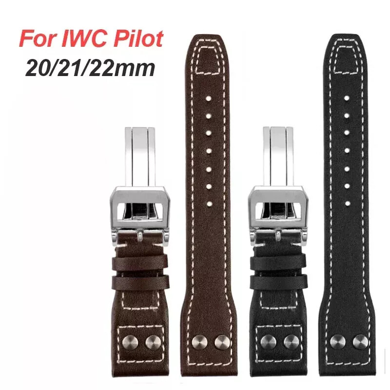 IWC Pilot Genuine Leather Watch Strap 20mm 21mm 22mm with Steel Folding Buckle