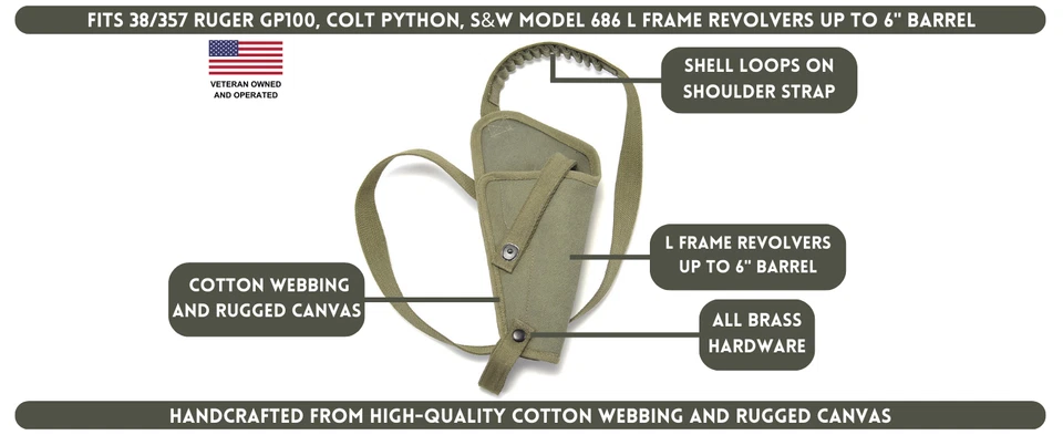 Холщовая наплечная кобура с петлями подходит для револьверов Ruger GP100 и Colt Python - Изображение 2 из 4