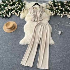 Tailleur Completo Outfit Set Camicia Maglia Camicia Pantaloni Raso Beige 12589