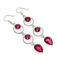 Pink Rubellite Gemstone Handmade 925 Sterling Silver Jewelry Earring Size 2.5"