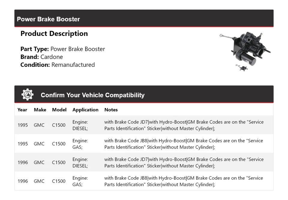 Para GMC C1500 1995-1996 Power Brake Booster Cardone Foto 2 de 4