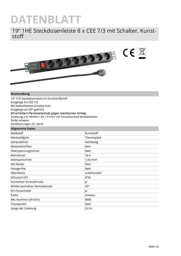 Multiprise 19" Plastique 1U 8x Contact de Protection avec Interrupteur Noir 2m - Zul. - Photo 2/3