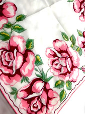 Floral Printed Handkerchief Hanky VTG 12" Red Pink Roses Cotton Hand-Rolled Hem