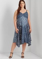 Ralph Lauren Plus Size Patchwork Print Linen Dress In Blue Size 22W NWT $275