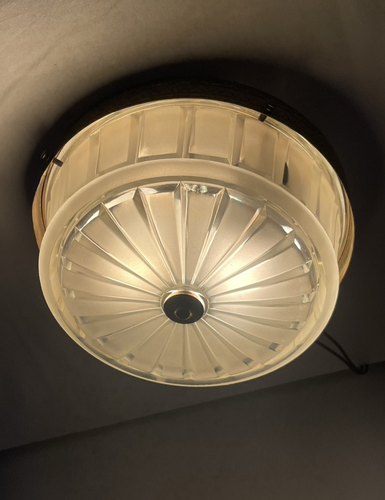 Antique Vtg 8" Art Deco Flush Mount Ceiling Light 1920s 1940s 1950s Glass, Brass - Picture 4 of 23