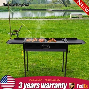 Folding BBQ Grill Portable Barbeque Grill Metal Outdoor Large w/ Frying Pan NEW