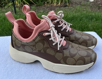 Coach C270 Tech Runner Womens 9 B Logo Leather Sneakers Tan Brown Khaki/Saddle