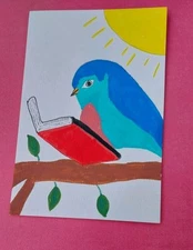 Expressionism Original Painting Blue Bird Reading In Sun Whimsical Animals 4x6 