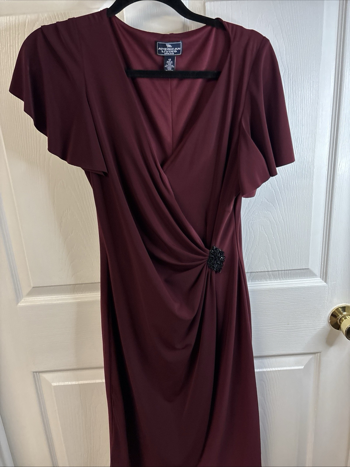 Cocktail Dress Sz 12 American Faux Wrap  Ruffle Sleeves Burgundy.-image