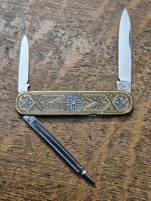 Solingen Germany Gentlemans Pocket Knife Gold With Blue Enamel Mint!
