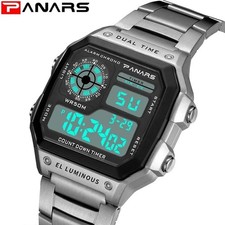 PANARS Men's Digital Watch Stainless Steel Waterproof LED Sport Alarm Watch