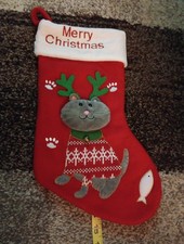 3D Velvety/Knit/Felt/ Embroidered Cat 14.5" Christmas Stocking w/Merry Christmas