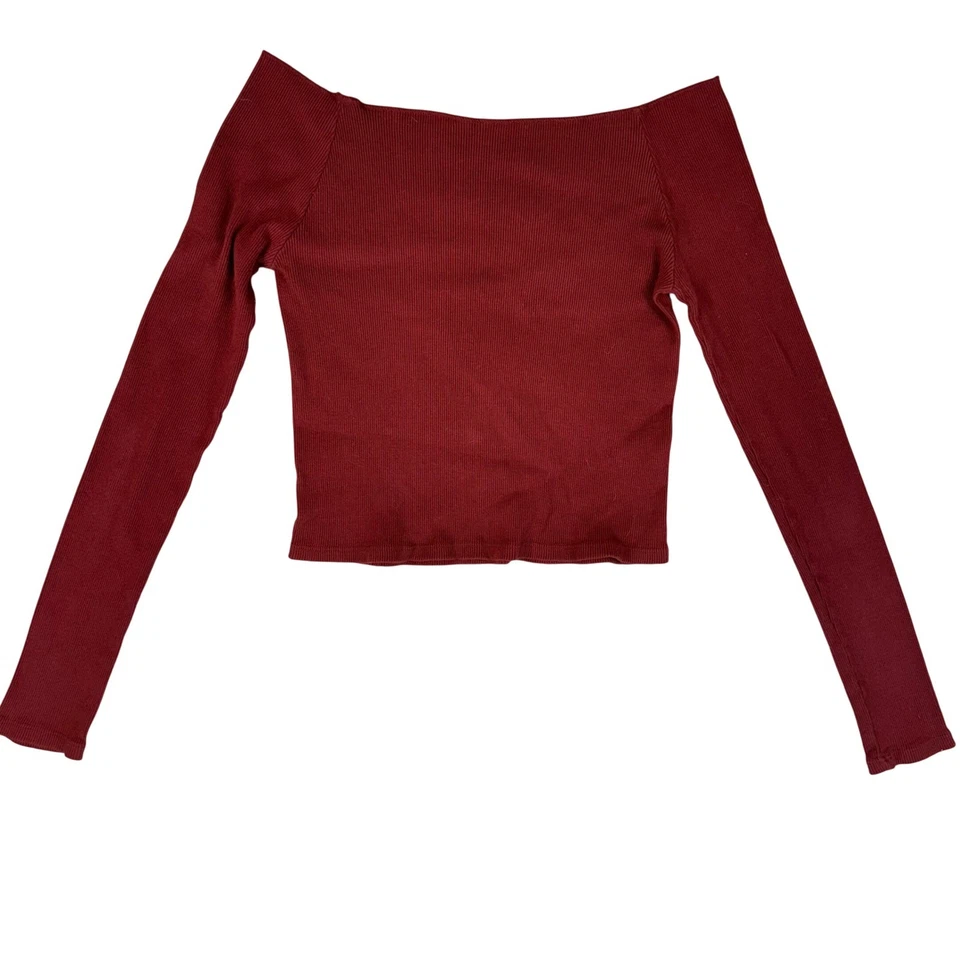Crop top John Galt Brandy Melville a costine spalle scoperte manica lunga rosso Y2K nuovo di zecca - Immagine 3 di 4