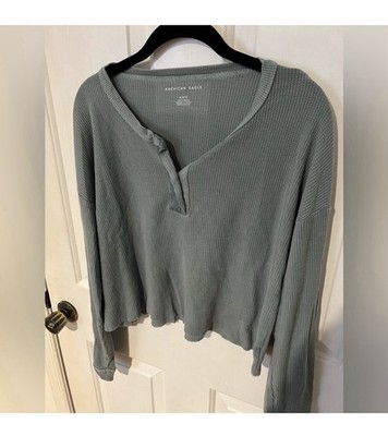 American Eagle Green Knit Henley Long Sleeve Relaxed Fit Women's Top Size M
