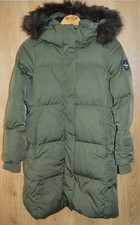 Superdry Womens Khaki Green Padded Mid-Length Parka Coat Faux Fur Hood - UK12 